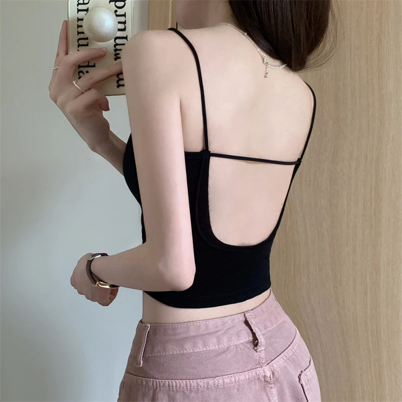 性感辣妹露背吊带背心女夏季新款美背内搭带胸垫短款抹胸上衣外穿