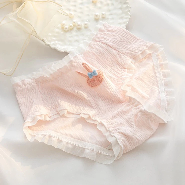 花边卡通萌兔少女内裤中腰提花木耳边纯棉裆透气三角裤30女士蕾丝