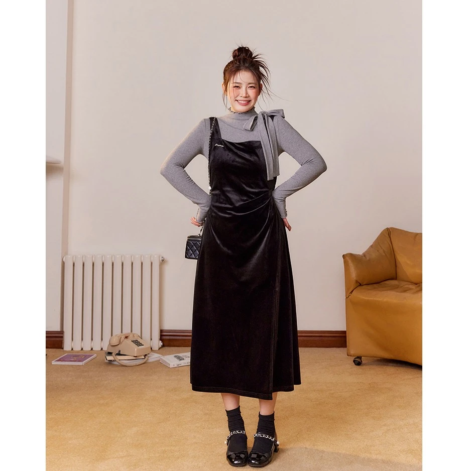 张耶啵【丝绒悸动】微胖大码女装设计感显瘦丝绒背心A字吊带裙套装