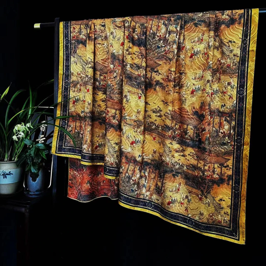 【百子嬉戏图】花萝香云纱国风披肩大方巾140*140（448-A）