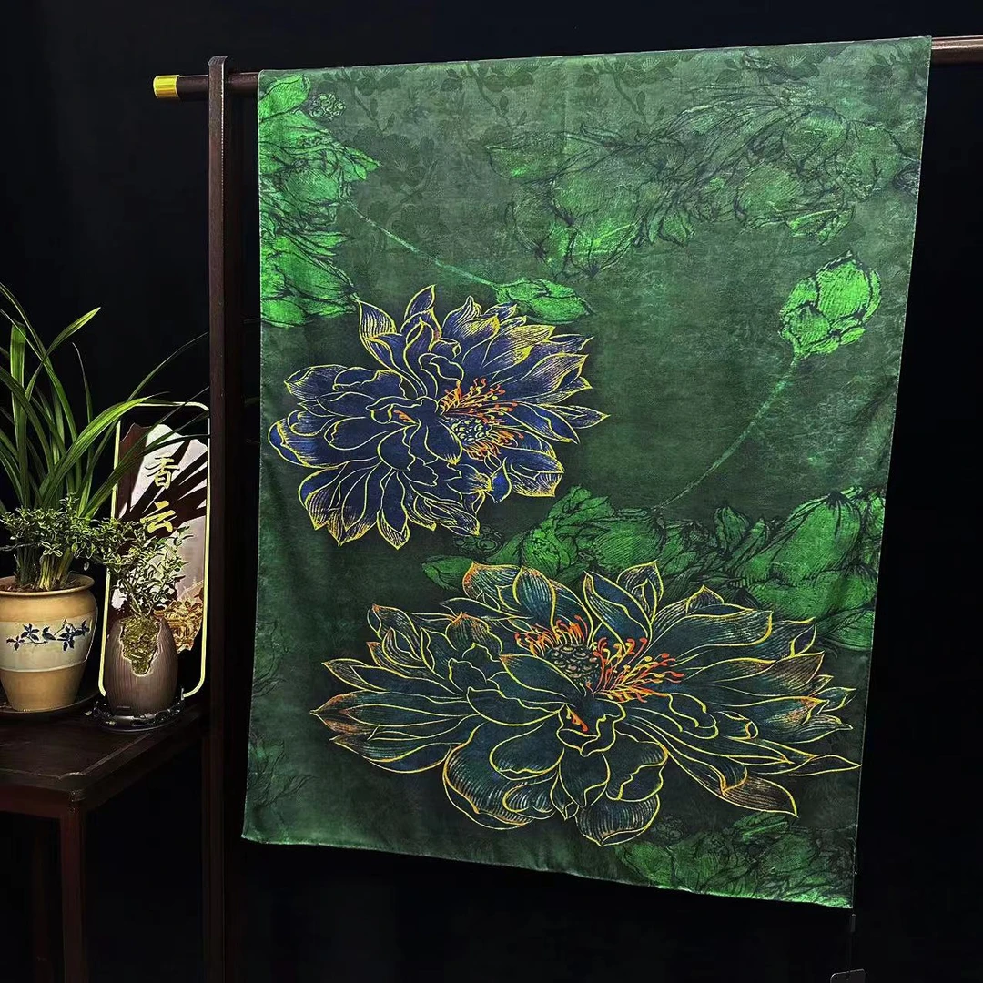 【并蒂芙蓉】花萝新中式香云纱长巾国风披肩丝巾70*180（419-A）