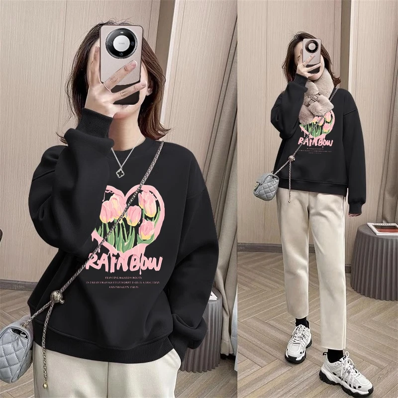 重磅棉卫衣女2024新款宽松圆领春秋款薄款长袖冬季加绒休闲打底衣