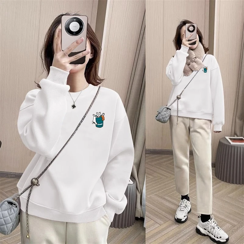 绿色小猫印花长袖卫衣女秋冬季女2024新款薄款韩系chic别致上衣棉