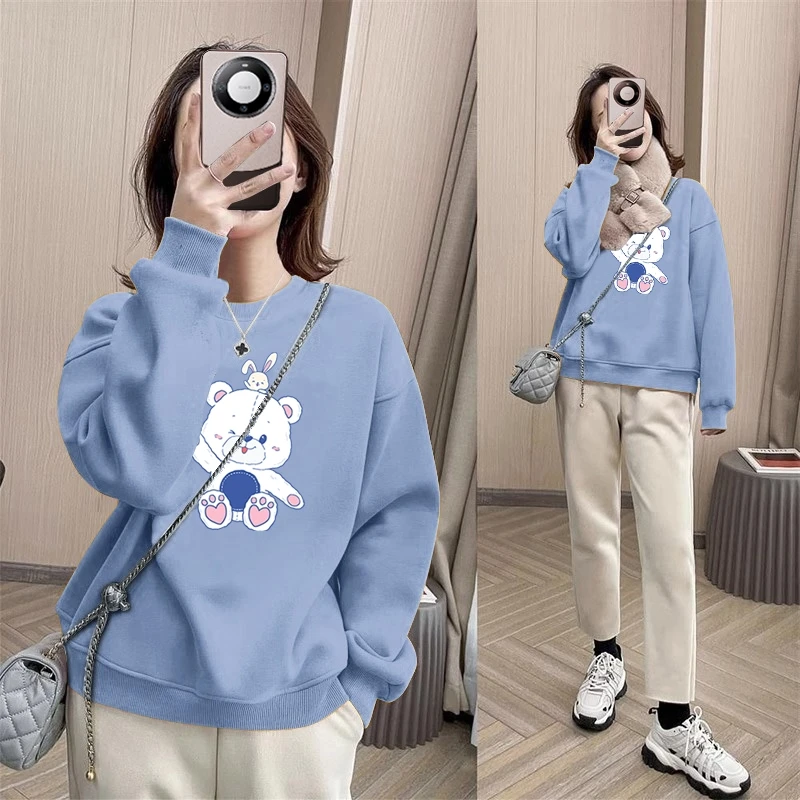 小熊卫衣女2024新款宽松圆领春秋款长袖冬季加绒加厚减龄打底上衣