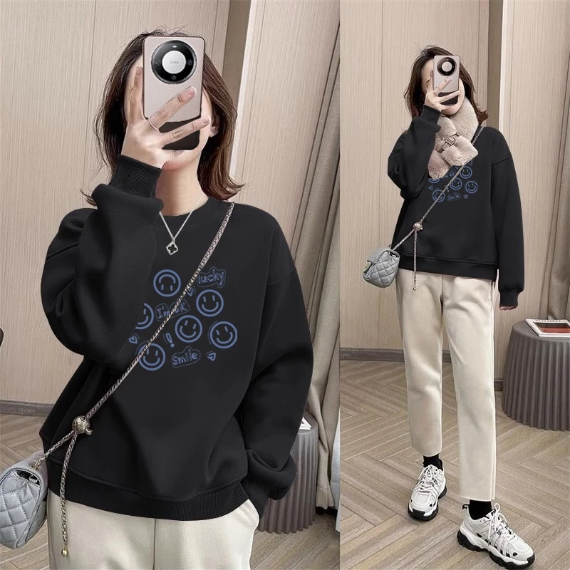 卫衣女2024新款春秋季笑脸蓝色爆款高品质上衣修身显瘦短款外套潮