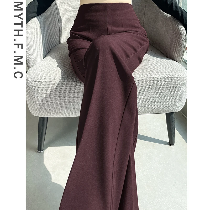 安可拉红高级感微喇西装裤子女春秋季2024新款高腰直筒窄版阔腿裤