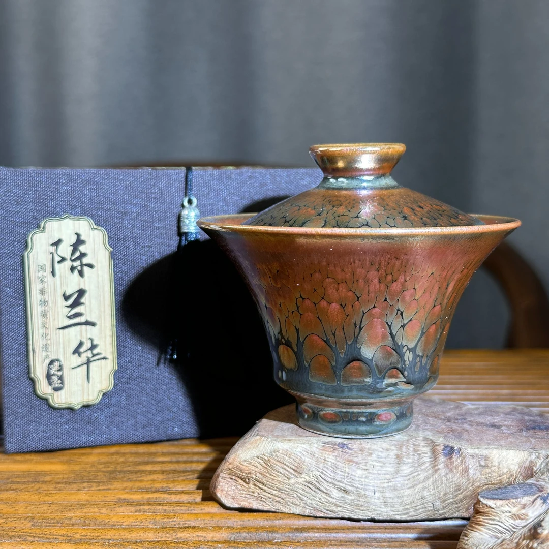 正宗建阳建盏原款原釉非遗女匠陈兰华超薄胎彩金油滴两才盖碗茶具