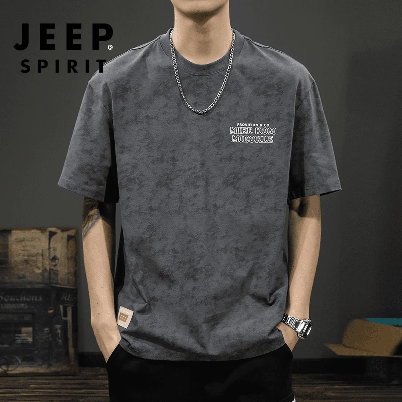 Jeep吉普纯棉短袖T恤男宽松大码美式复古圆领半袖潮夏季打底百搭