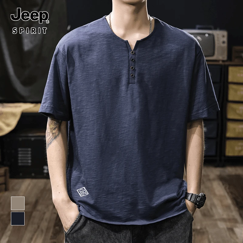 Jeep吉普夏季男士竹节棉美式亨利领短袖男polo衫宽松休闲运动薄款