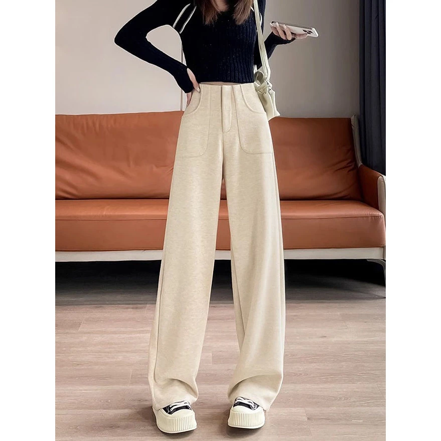 加绒加厚毛呢阔腿裤女秋冬2024显瘦垂感休闲长裤加厚窄版直筒裤子