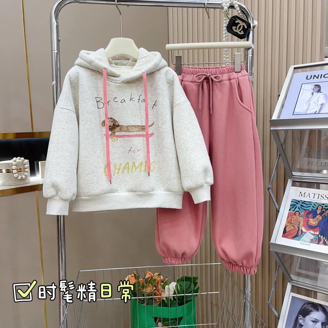 女童2023冬季一体绒加厚小狗连帽休闲洋气卫衣-8236