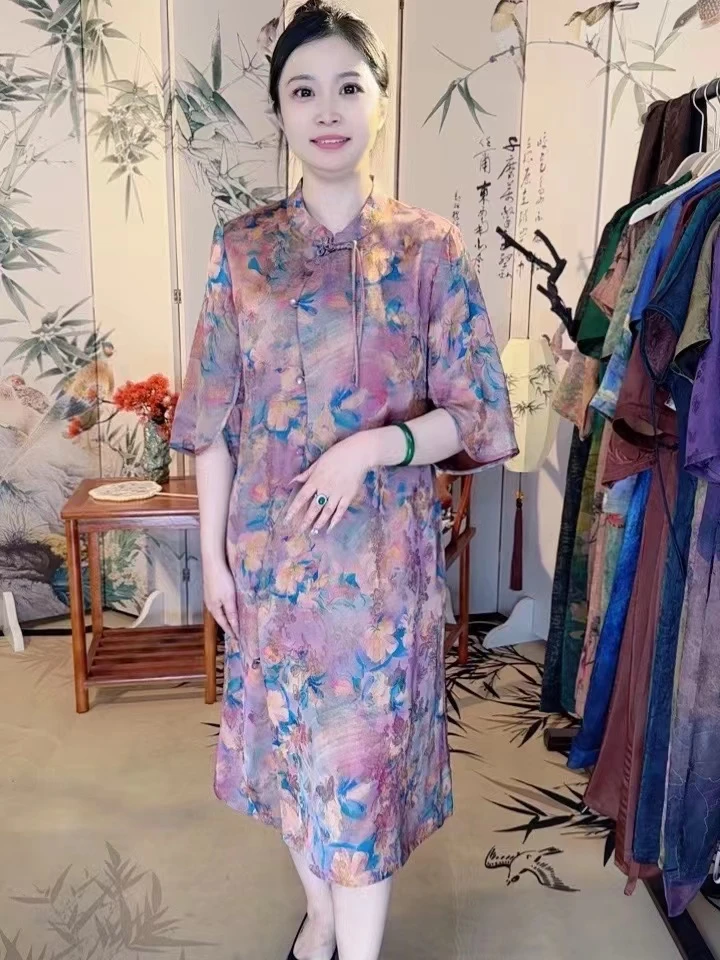 莫奈-2025早秋款显瘦气质网红复古宽松百搭时尚妈妈装连衣裙提花