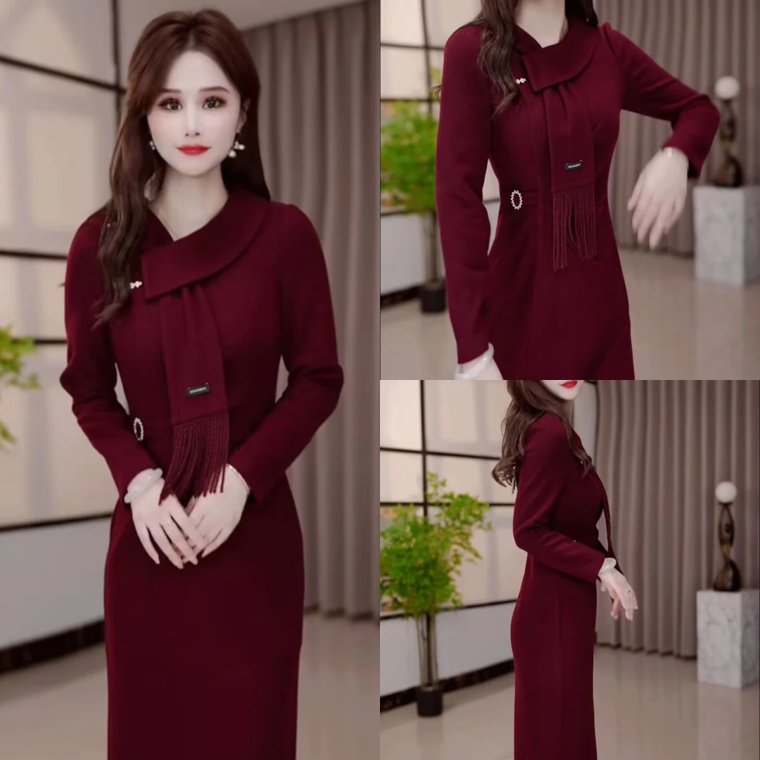 秋冬加厚连衣裙2024秋冬新款显瘦修身气质遮肚加厚裙子MY24J799款