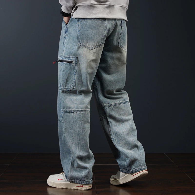 浅色拉链多口袋工装牛仔裤男直筒宽松大码休闲无弹力秋冬款长裤
