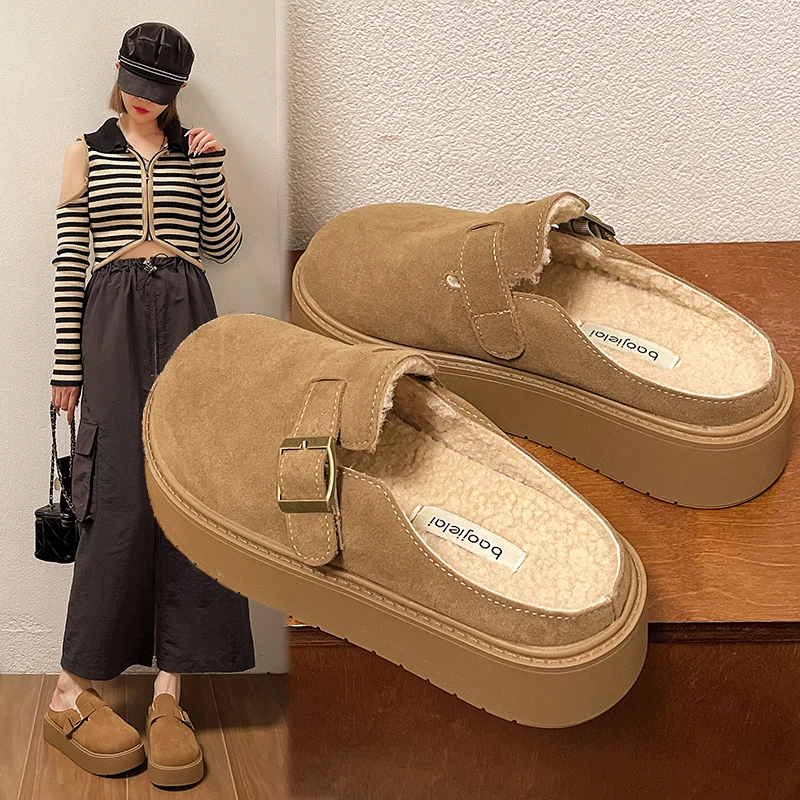 厚底勃肯拖鞋女外穿2024年秋冬新款增高一脚蹬懒人包头半拖棉拖鞋