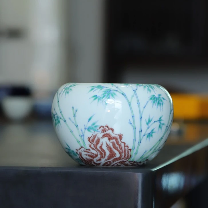 【弥生茶器】小愚斋斗彩翠竹纹水洗 肚11 口7.5 高8.5cm  450ml