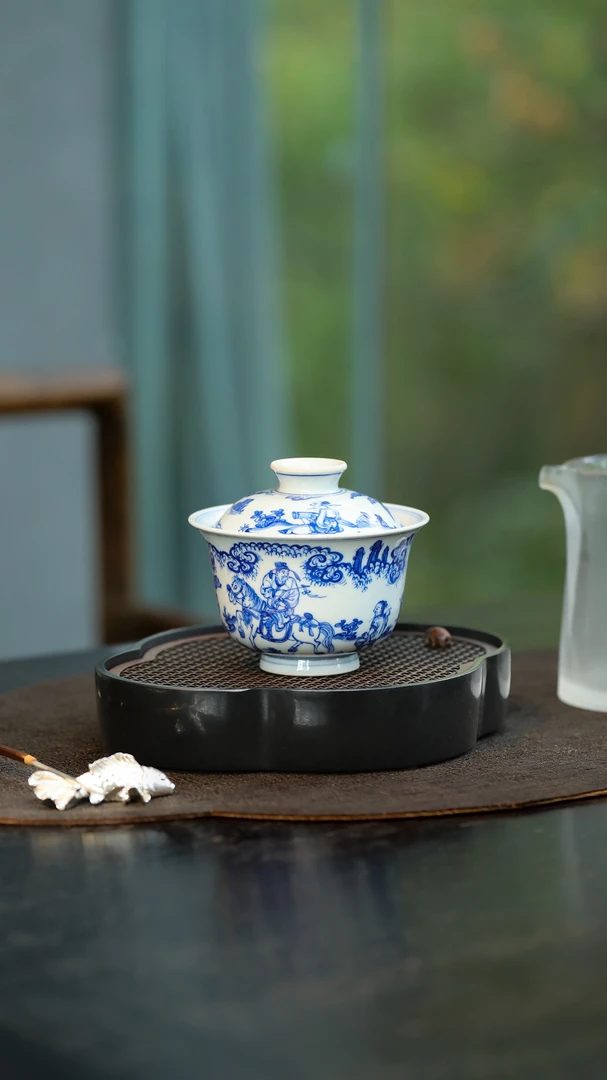 【弥生茶事】且斋空白期人物青花春游图二才盖碗景德镇手工茶器茶具
