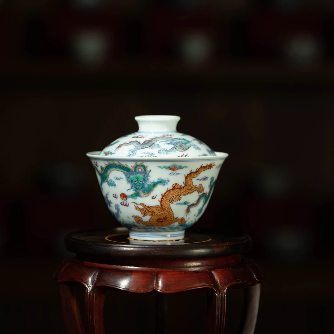 【弥生茶器】小愚斋/愚斋珍藏明斗彩堆金九龙盖碗功夫茶具