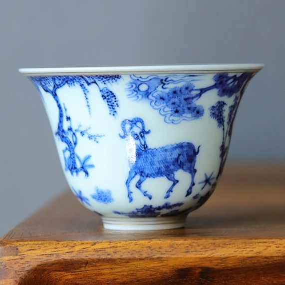 【弥生茶器】小愚斋三羊开泰青花铃铛杯 口8.6cm 高5.8 满130ml