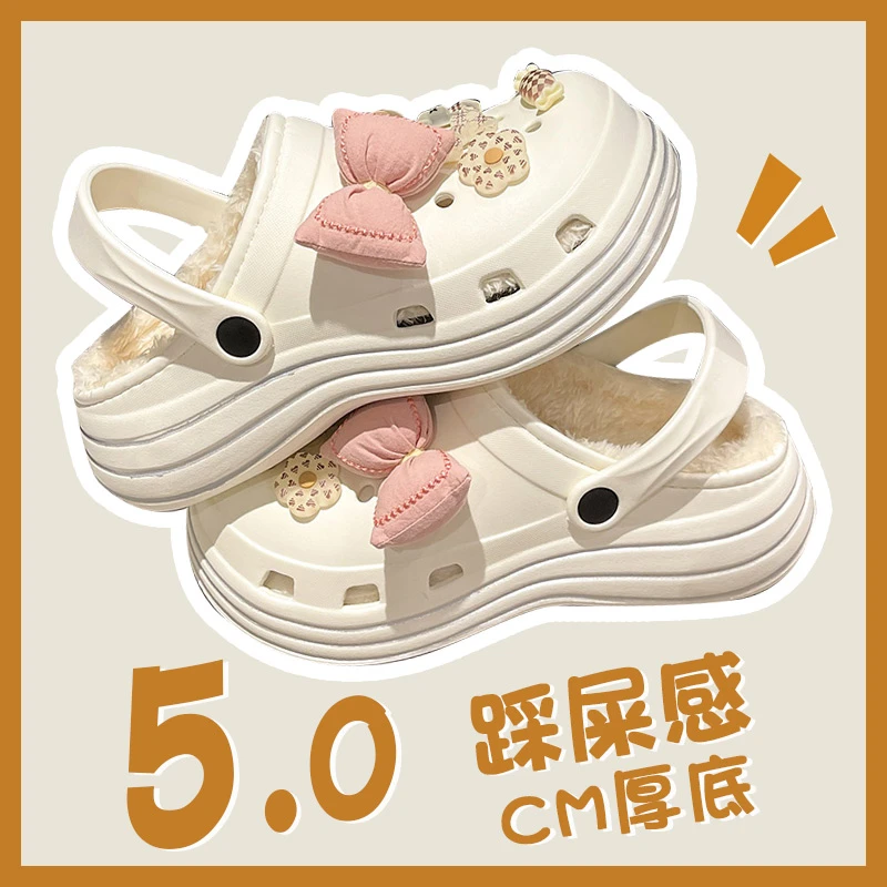 加绒洞洞鞋女冬季甜美少女心蝴蝶结ins时尚百搭外穿防滑保暖棉鞋