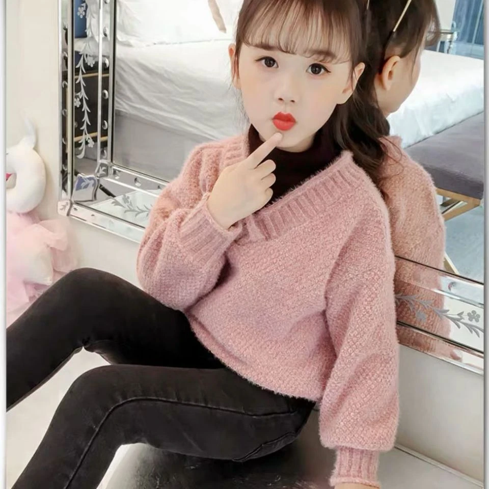 加绒加厚高领毛衣2021新款女童洋气套头中大童假两件针织衫韩版潮