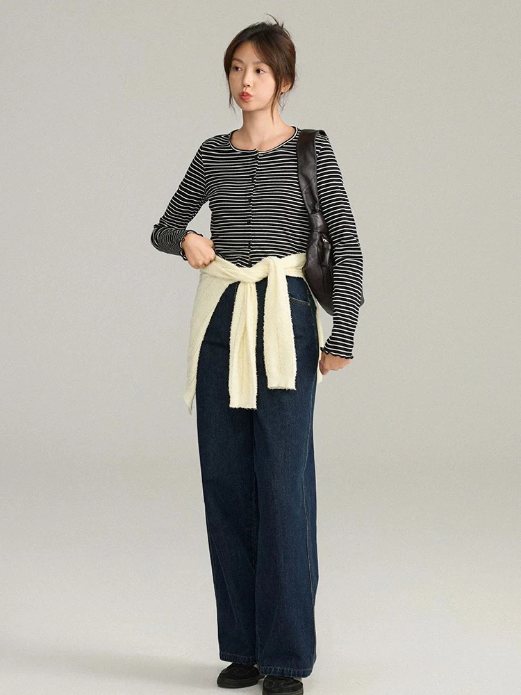 【夏姐家】早秋新款法式条纹短款外套小衫打底韩版短外套长袖