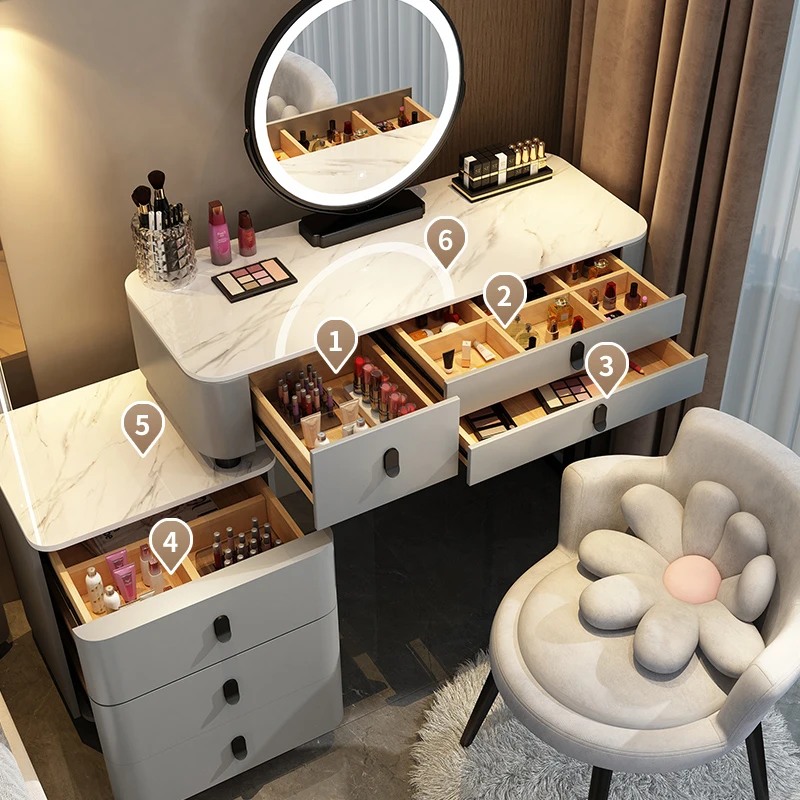 化妆台真岩板主卧储物化妆桌收纳柜北欧梳妆台家用带灯意式
