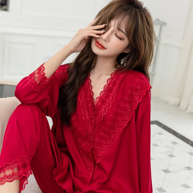 睡衣女秋冬薄款莫代尔秋季春款蕾丝高级感红色家居服两件套可外穿