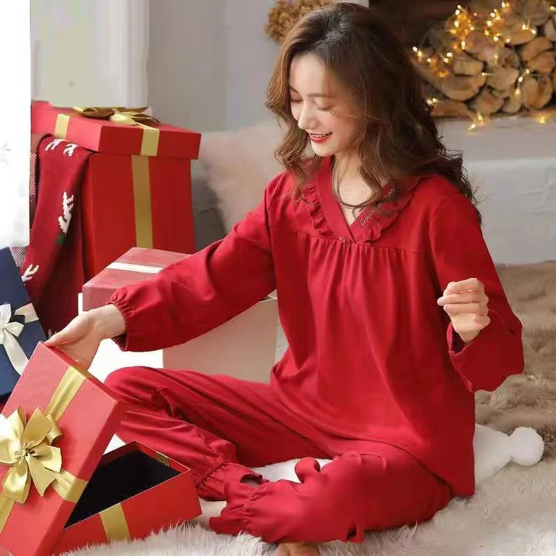 高档红色睡衣女秋冬长袖新年莫代尔棉结婚本命年家居服可外穿