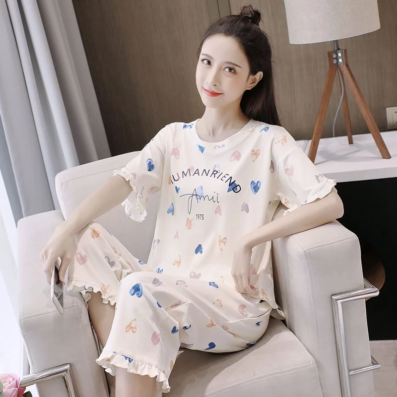 新款睡衣女夏季纯棉七分裤短袖可爱薄款学生甜美套装全棉家居服女