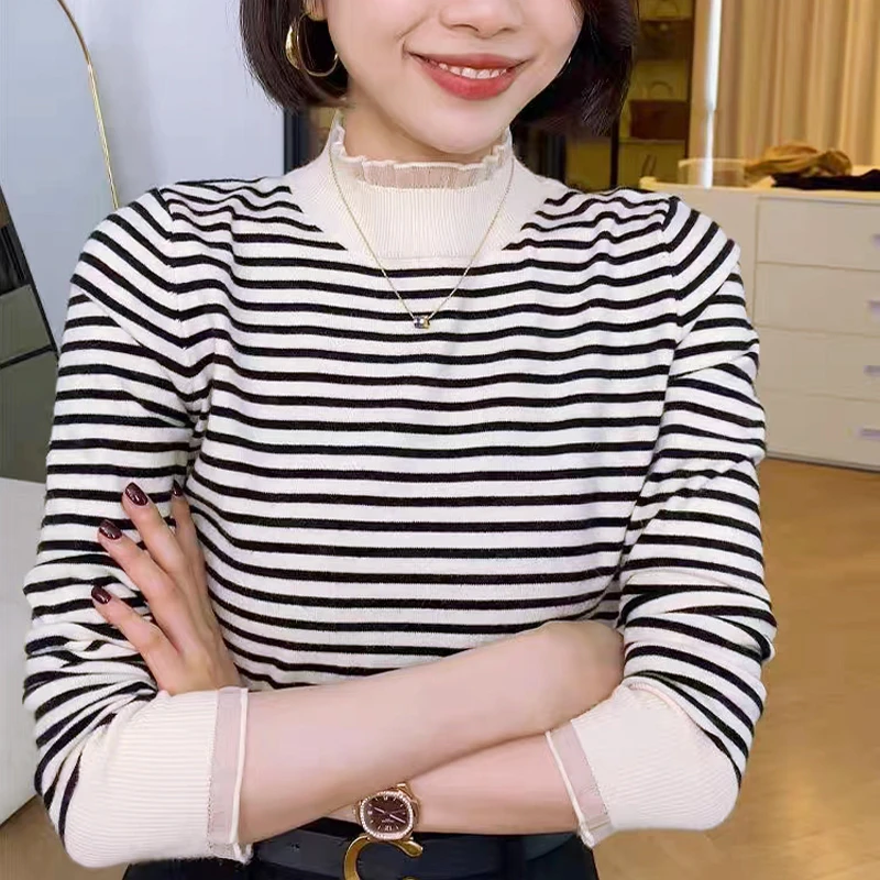 高级感木耳边半高领小香风条纹针织衫女打底衫内搭毛衣时尚显瘦潮