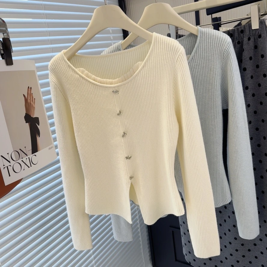 木耳边拼接圆领纯欲针织衫女秋冬修身显瘦别致内搭毛衣打底衫短款