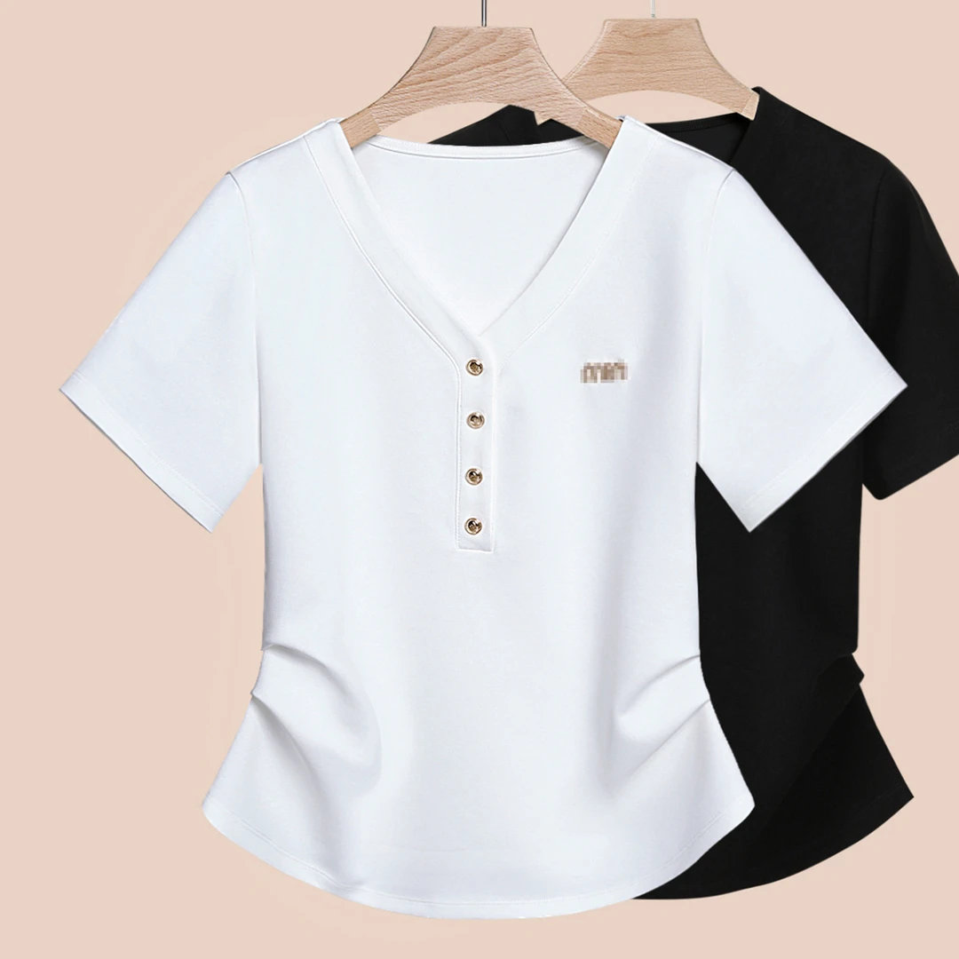 2024夏季新款设计感V领正肩短袖t恤女半袖简约百搭通勤褶皱收腰白