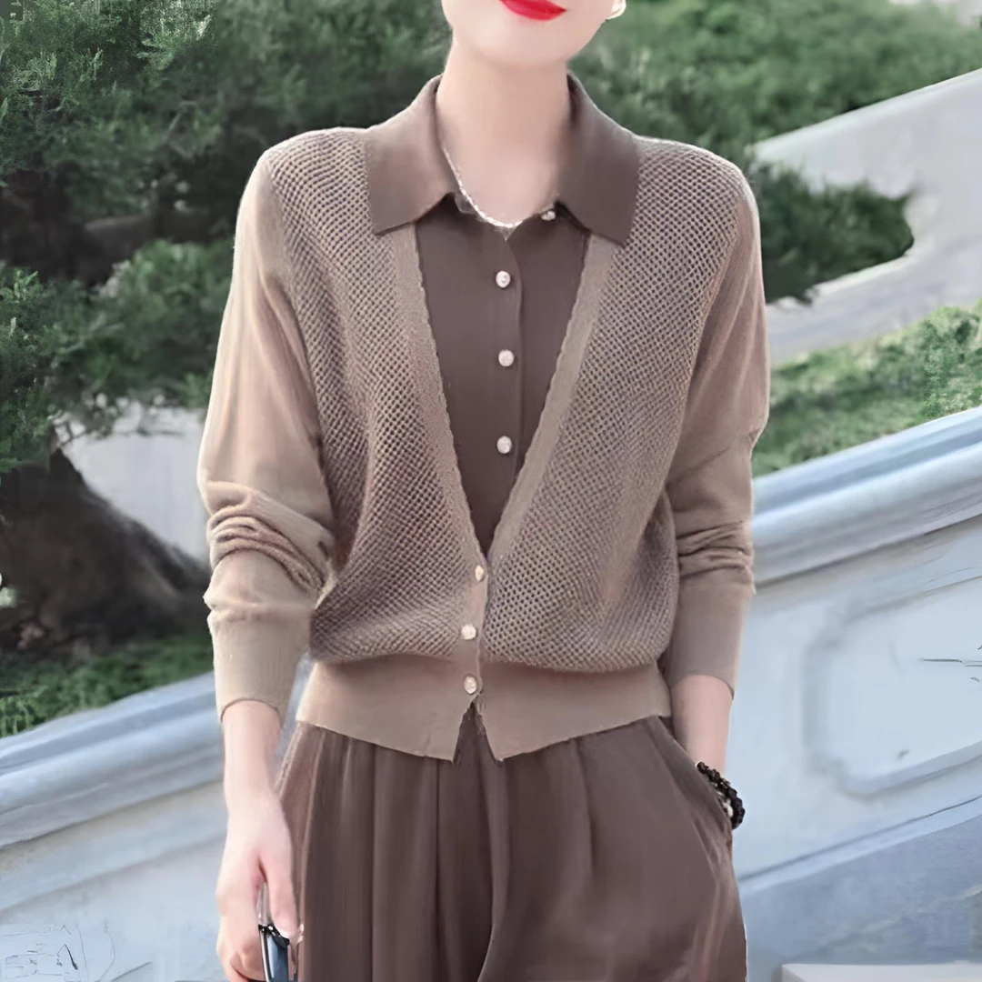 两穿假两件开衫翻领长袖针织衫女洋气秋冬新款宽松显瘦短外套上衣