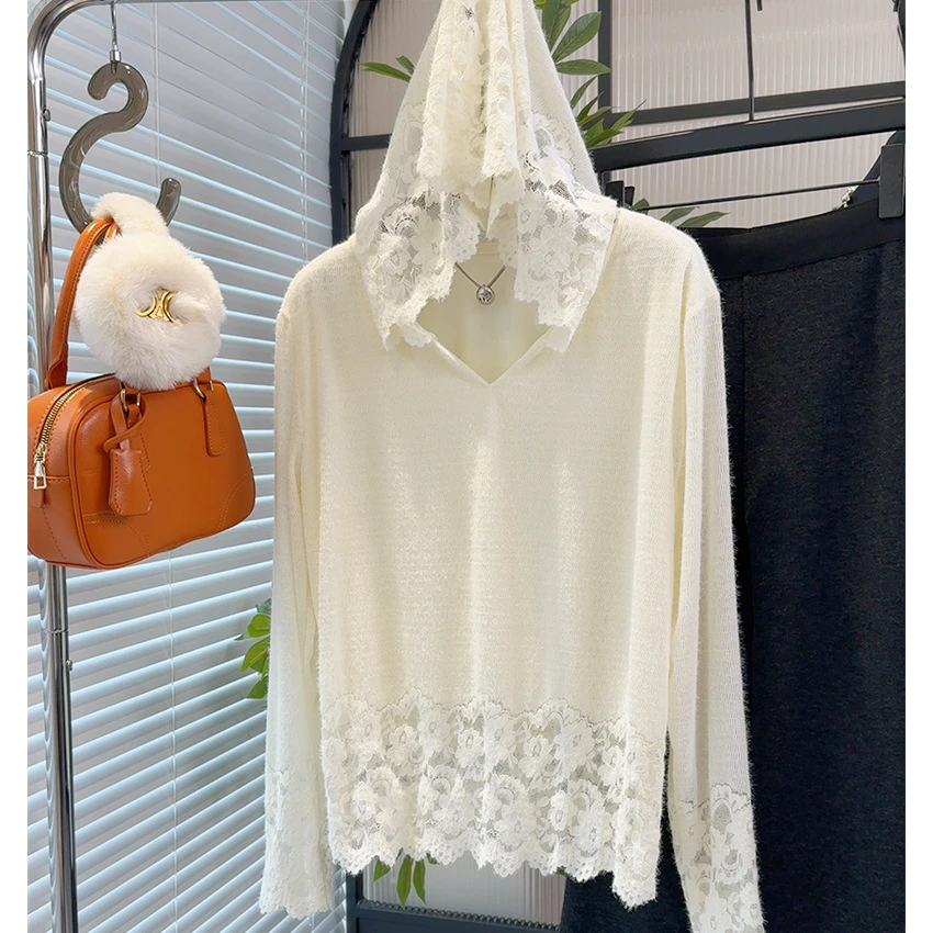 加绒蕾丝连帽长袖针织上衣女秋冬新款宽松显瘦内搭打底衫时尚网红
