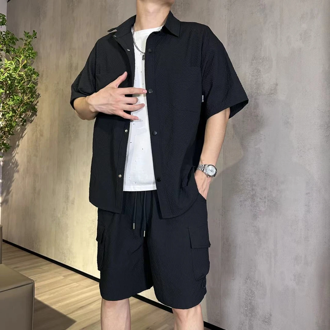 2024夏季新款套装衬衫宽松短袖衬衫短裤透气薄款时尚两件套套装