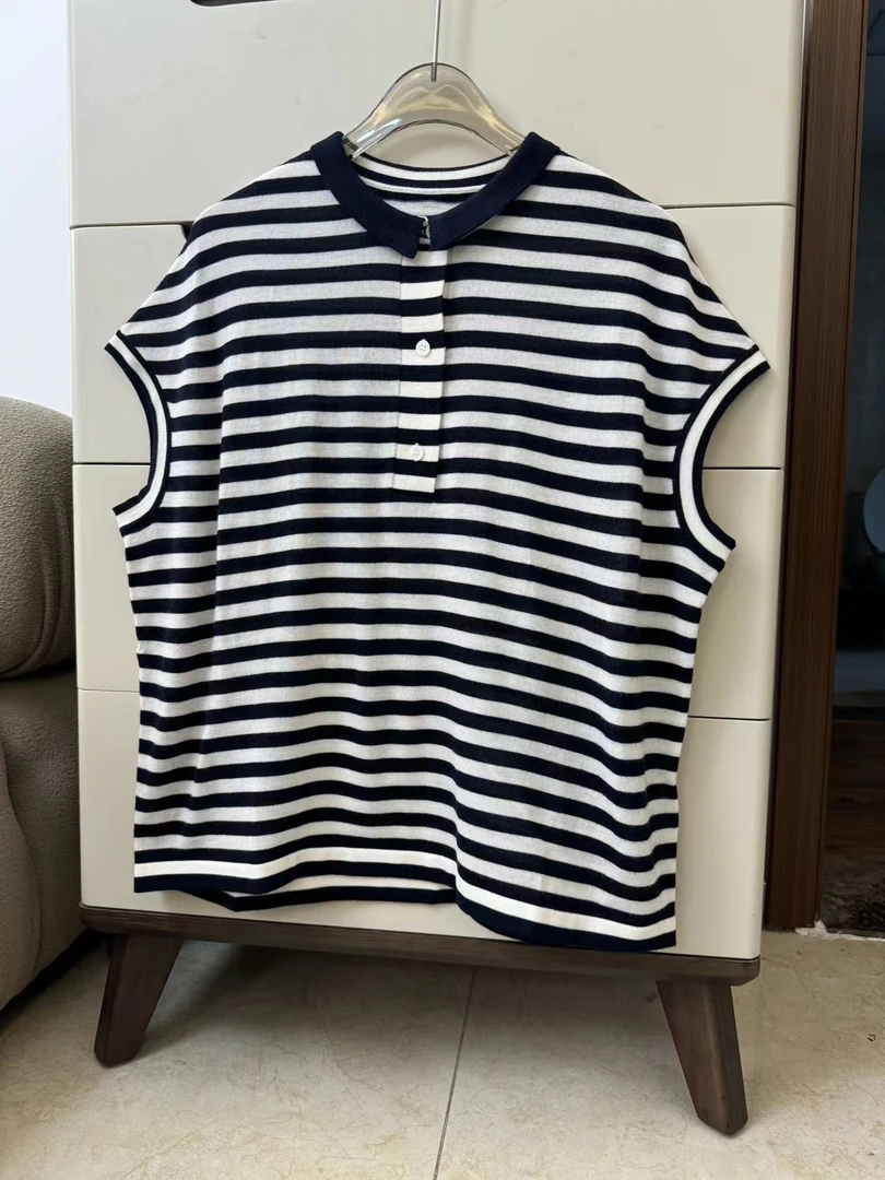 小翻领极简条纹小飞袖短袖针织衫女上衣遮手臂J8