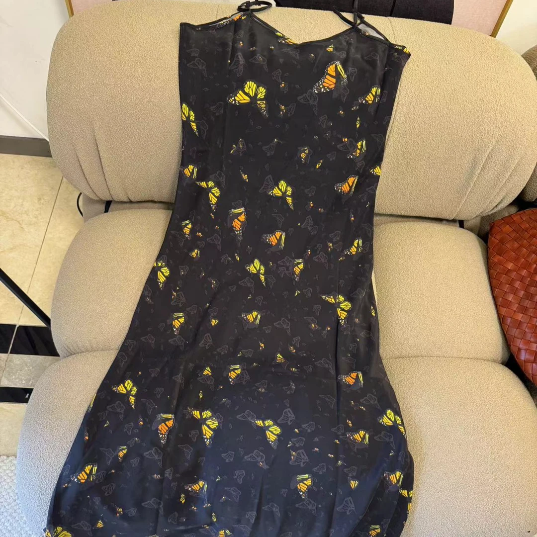 法式复古V领小性感蝴蝶印花真丝吊带连衣裙D5