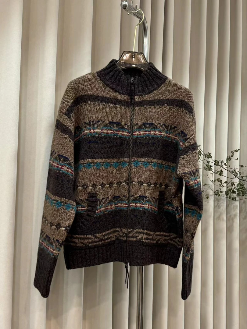 复古小众~棕咖色系 羊绒羊毛针织 提花拉链外套L55