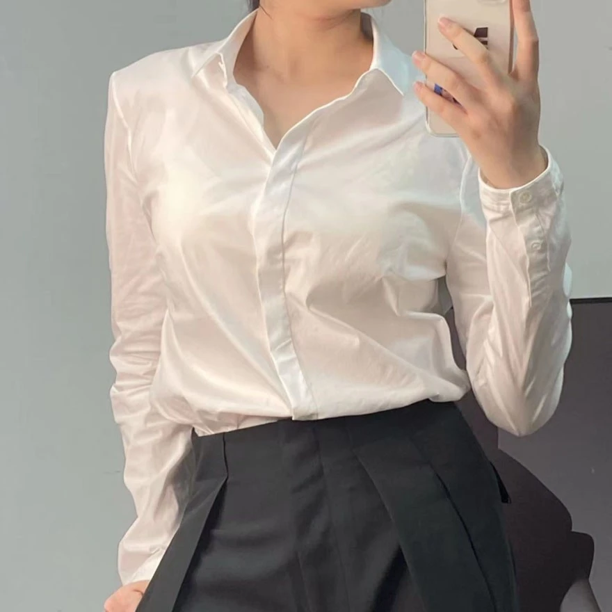 【白】进口面料轻奢时尚长袖白衬衫气质正装上衣设计感时尚显瘦D06