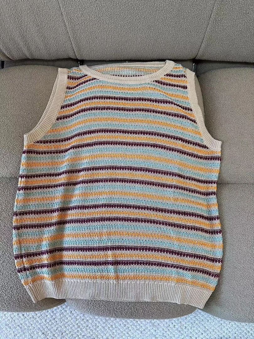 夏季新款 镂空花边条纹针织无袖背心女上衣K95