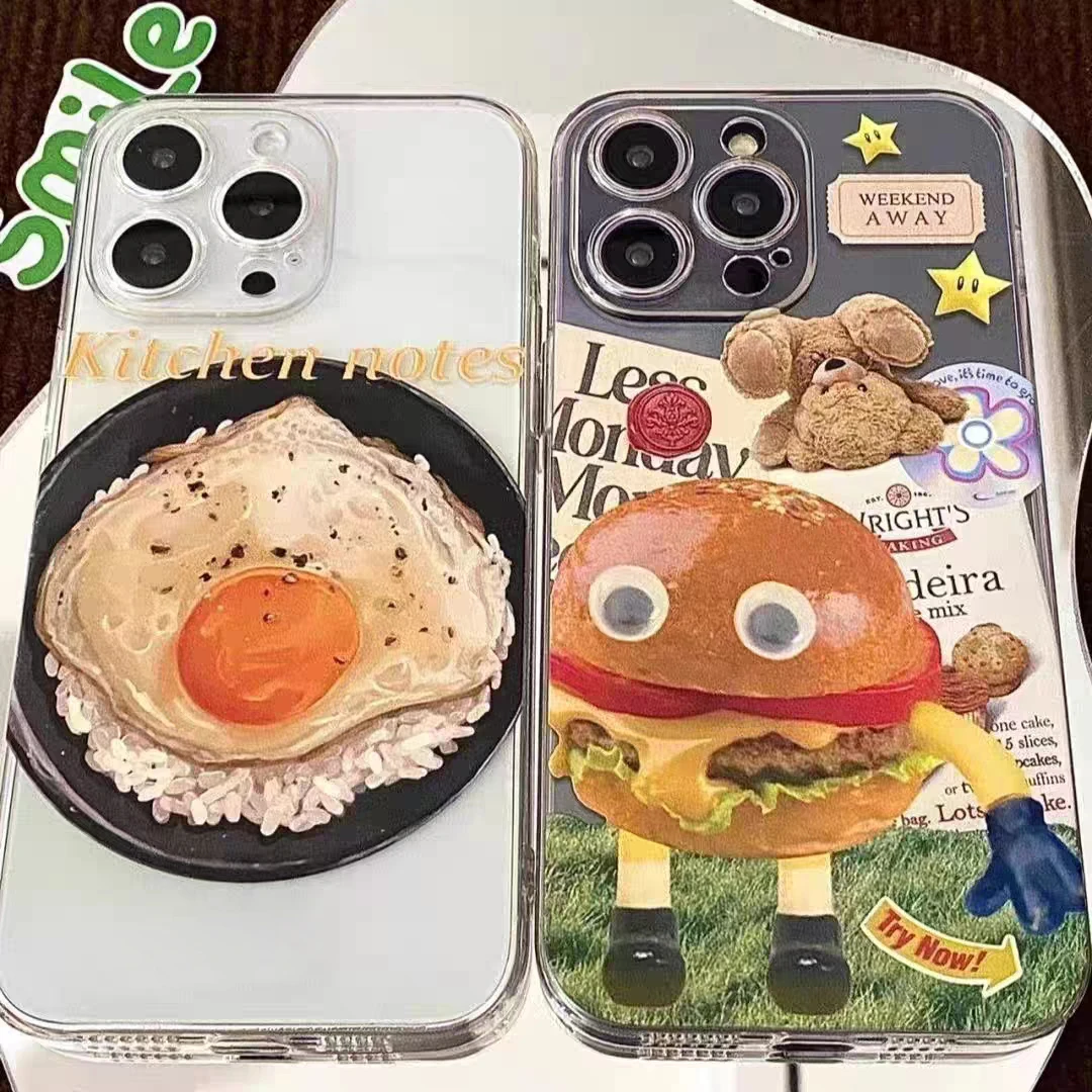 创意蛋盖饭汉堡透明手机壳适用于苹果13/14/小米vivo华为oppo全包