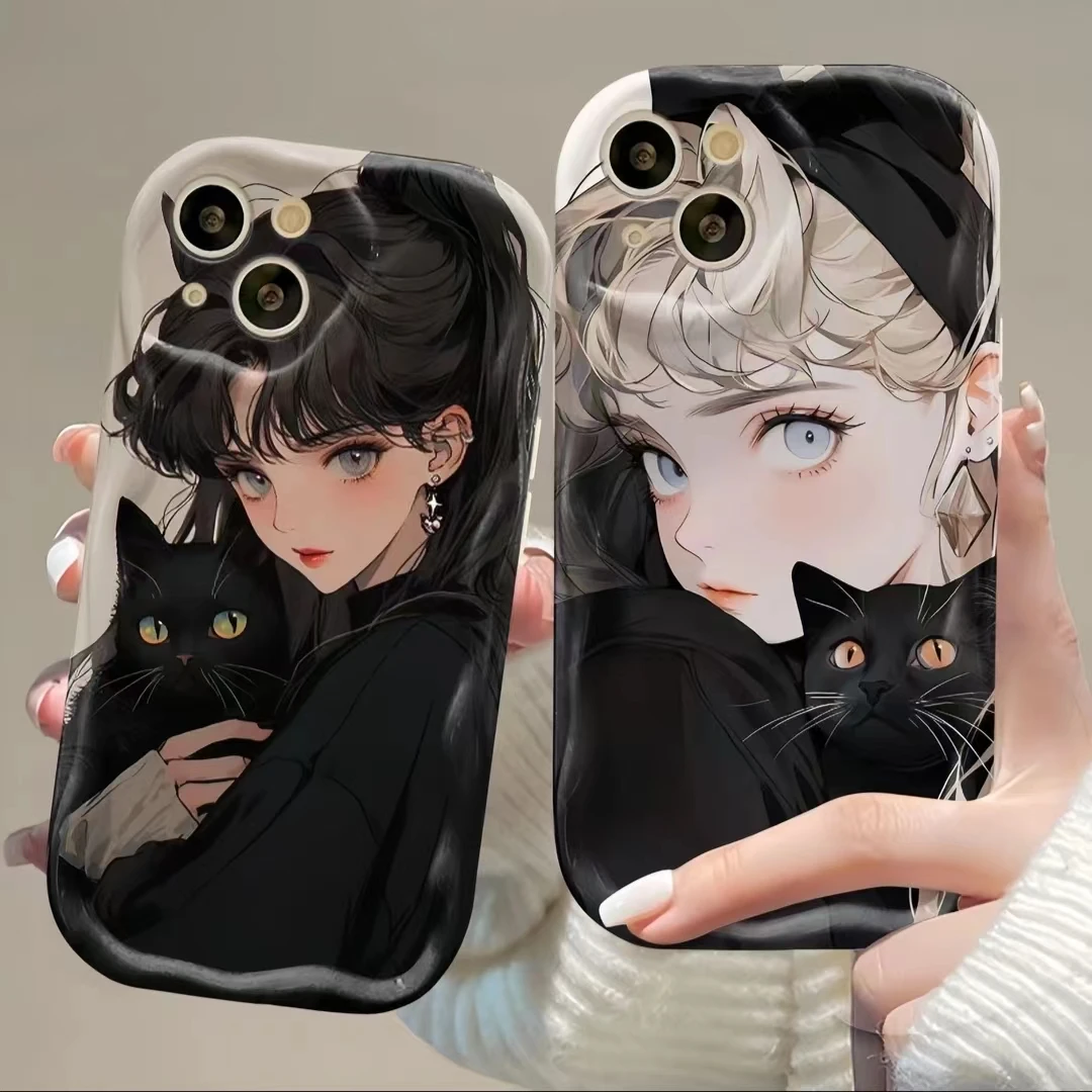 高级感抱猫咪女孩适用苹果15promax手机壳华为oppo小米XS硅胶vivo