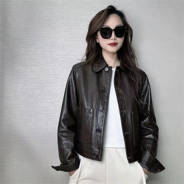 【甜甜】春季时尚休闲短款百搭真皮进口绵羊皮外套-0123