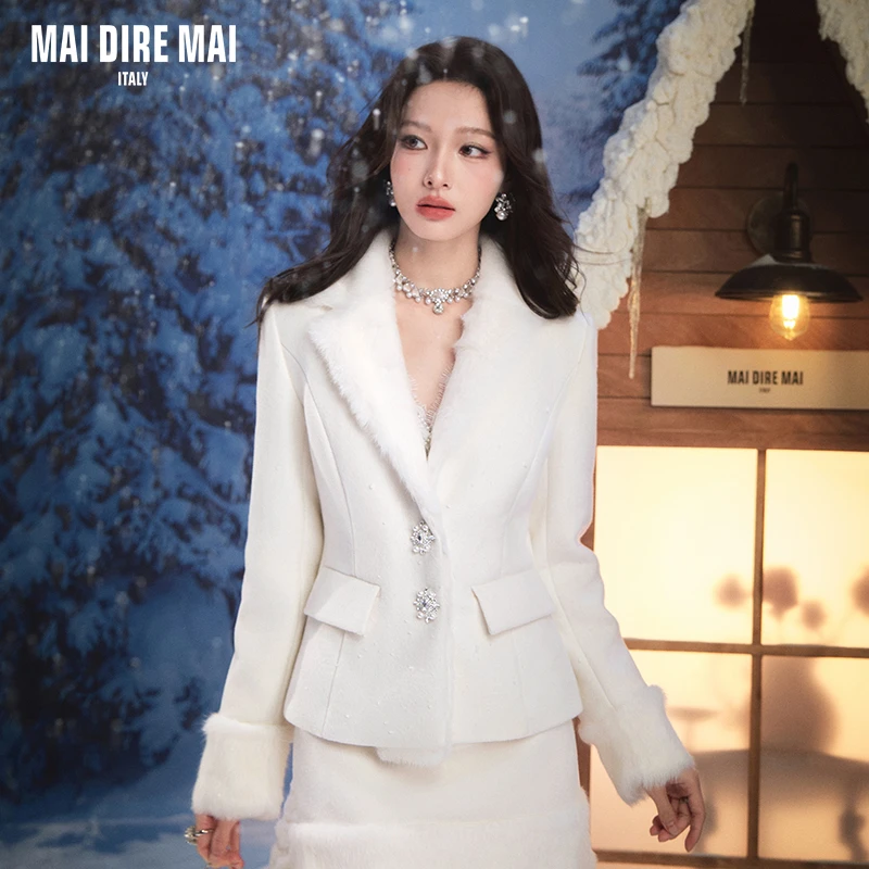 MaiDireMai显瘦收腰气质毛外套高腰短半裙女冬时尚套装优雅小香风