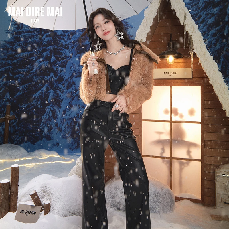 MaiDireMai优雅高级呢外套时尚套装女冬短款宽松高腰皮裤气质显瘦