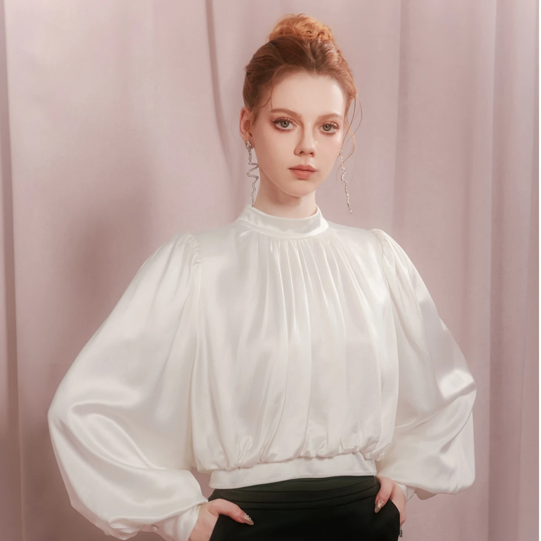 长袖立领垂褶级面上衣白色法式泡泡袖设计师高领小众