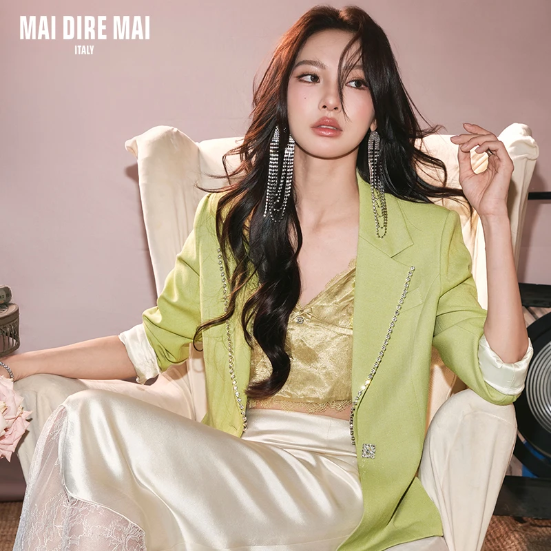 MAI DIRE MAI芥末绿收腰钻领钻扣修身气质优雅西装外套女秋冬长袖