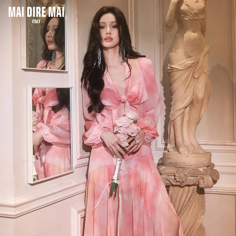 MAI DIRE MAI扎染樱花蝴蝶结长袖v领高腰浪漫女秋连衣裙气质优雅