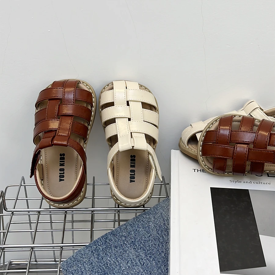 【编织凉鞋】2024春夏新款男女童罗马鞋透气镂空日韩系复古风皮鞋